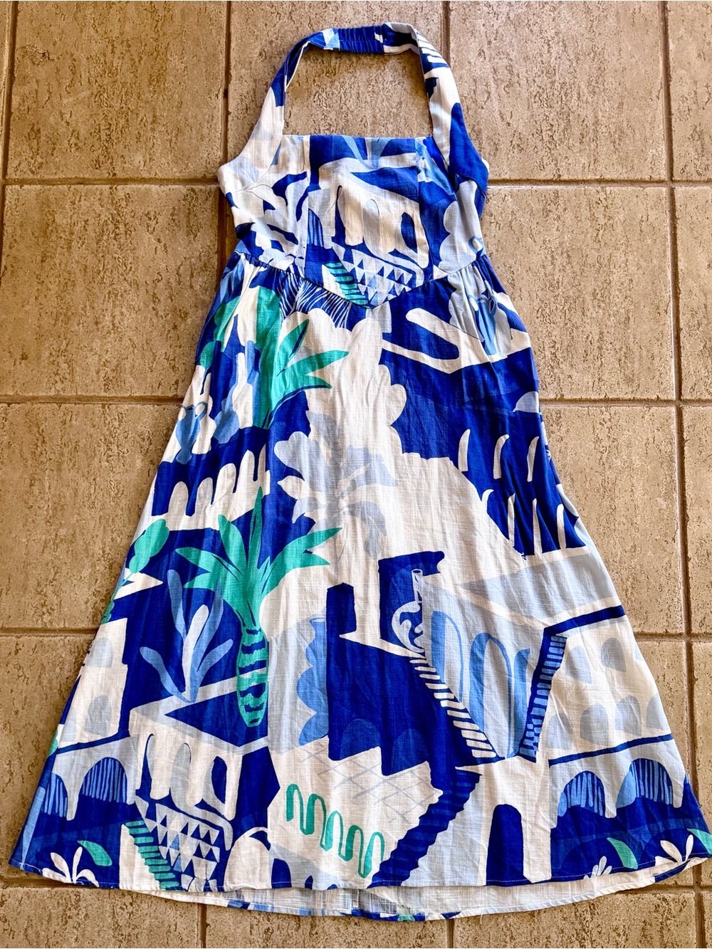 White Closet Size M Linen Blend Halter Maxi Dress‎ Blue Abstract Fit Flare Vacay